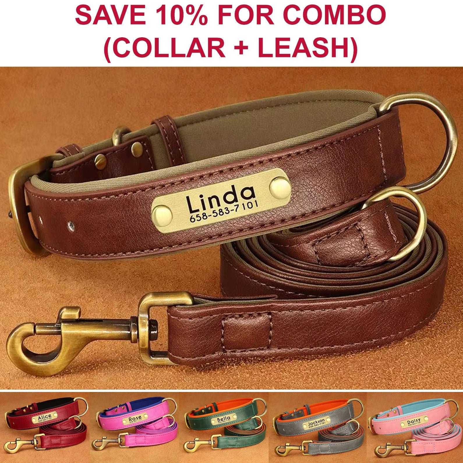 Personalized Engraved Leather Dog Collar — Free ID Tag
