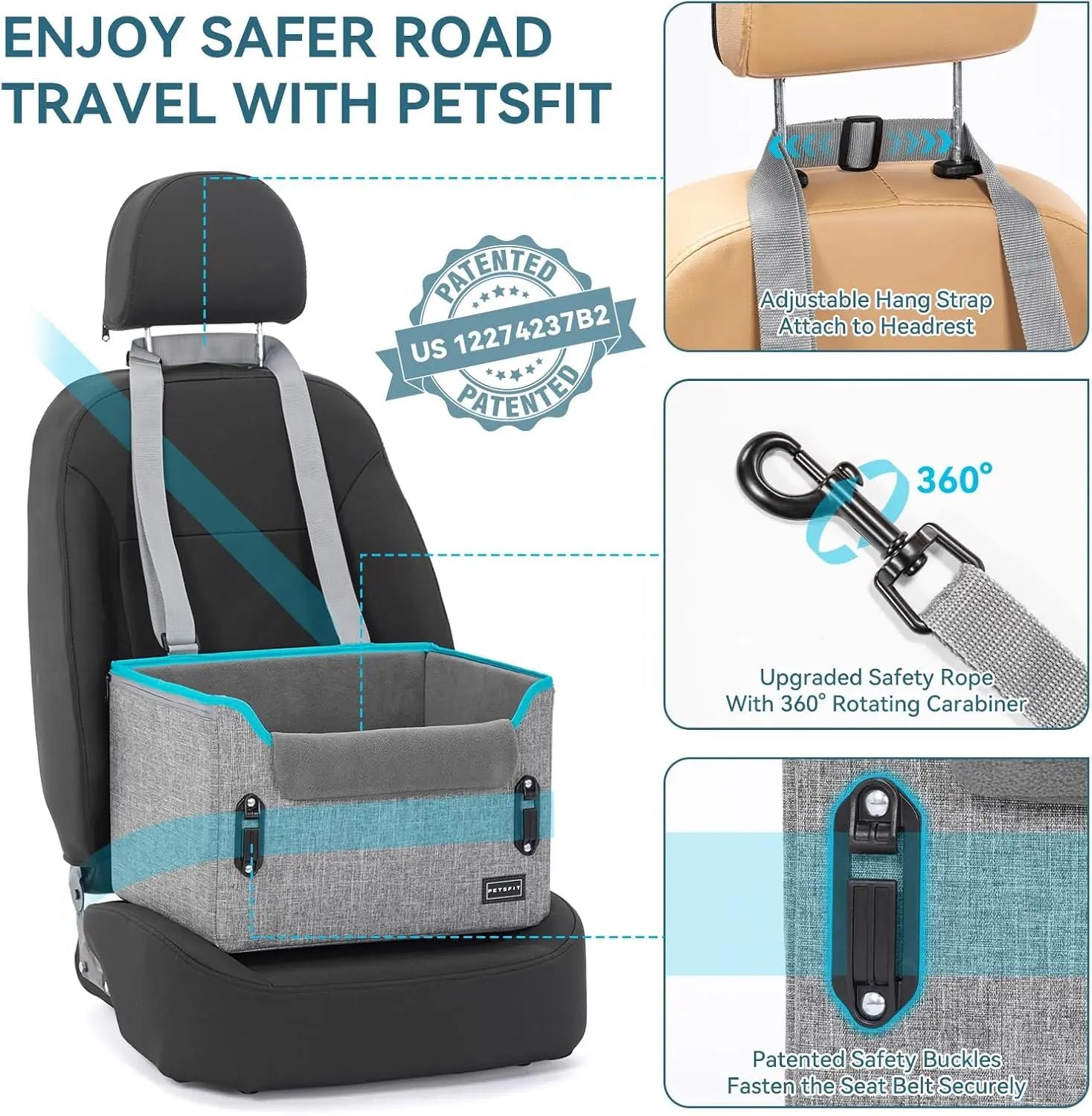 PETSFIT Small Dog Booster Car Seat — Foldable, Safety Tether